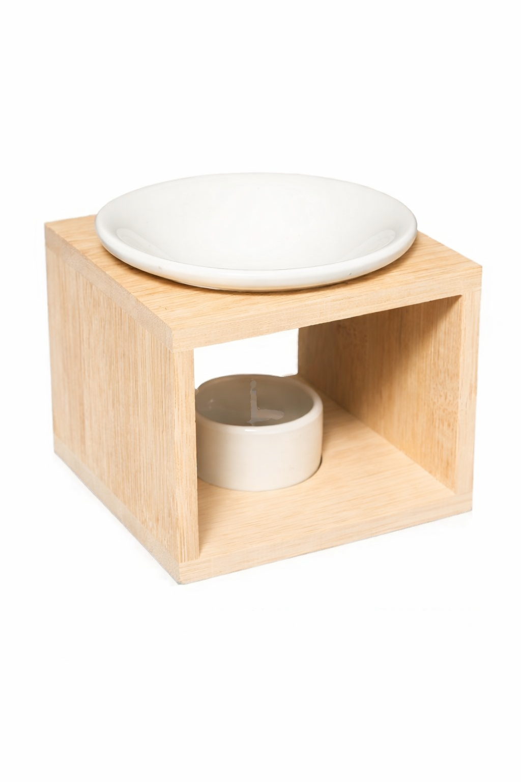 מבער מקרמיקה בצבע לבן ומסגרת עץ