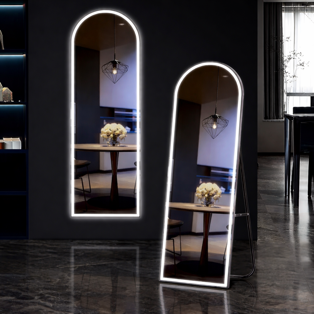 מראה רצפה עם רגל ותאורת LED קדמית בשני מצבי תאורה – אור לבן ואור צהוב