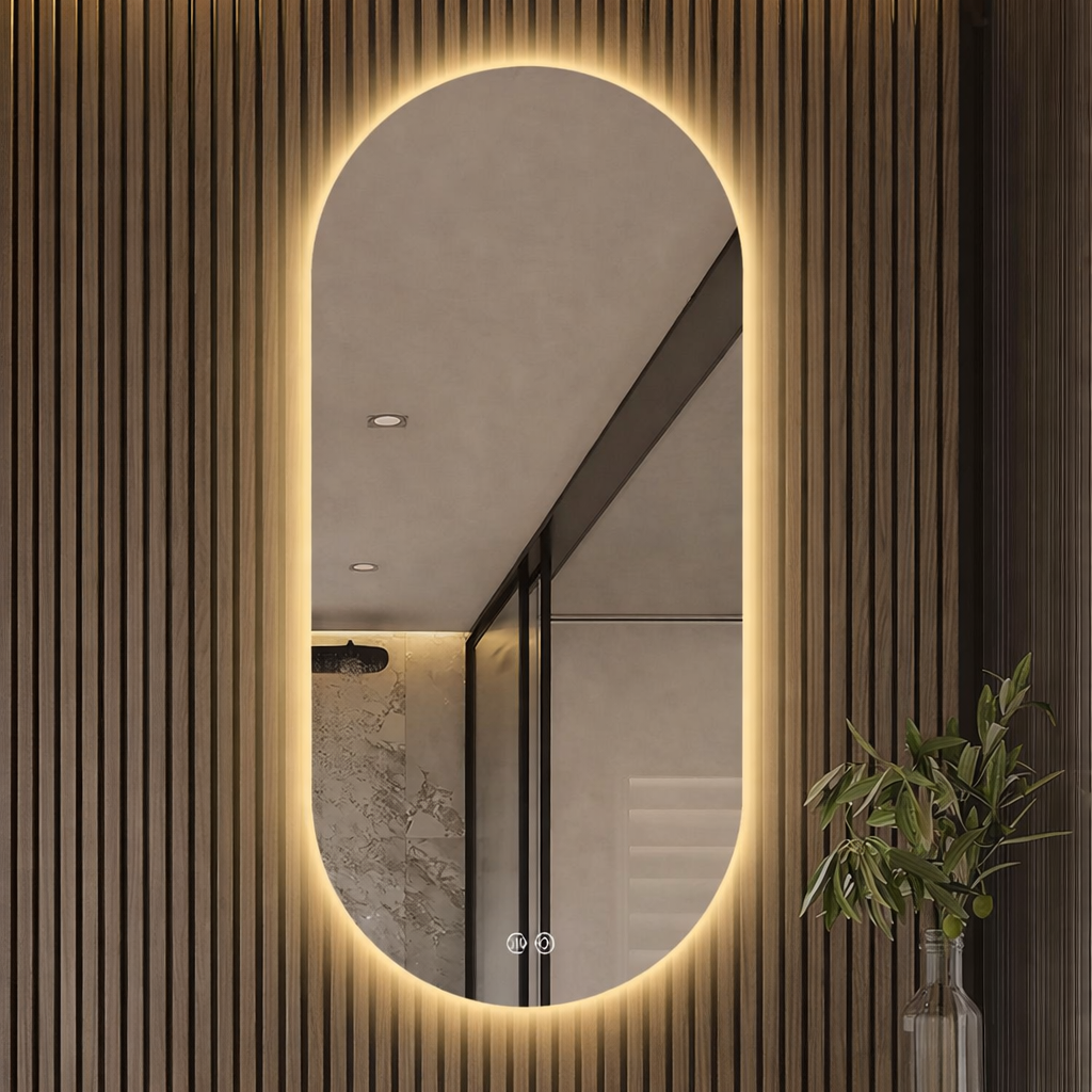 מראה אובלית לתלייה עם תאורת LED קדמית בשני מצבי תאורה – אור לבן ואור צהוב