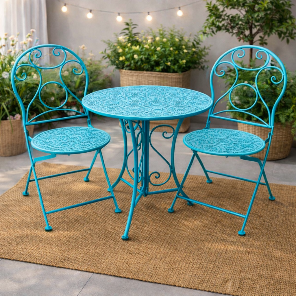 סט שולחן וכסאות ברזל בצבע טורקיז
