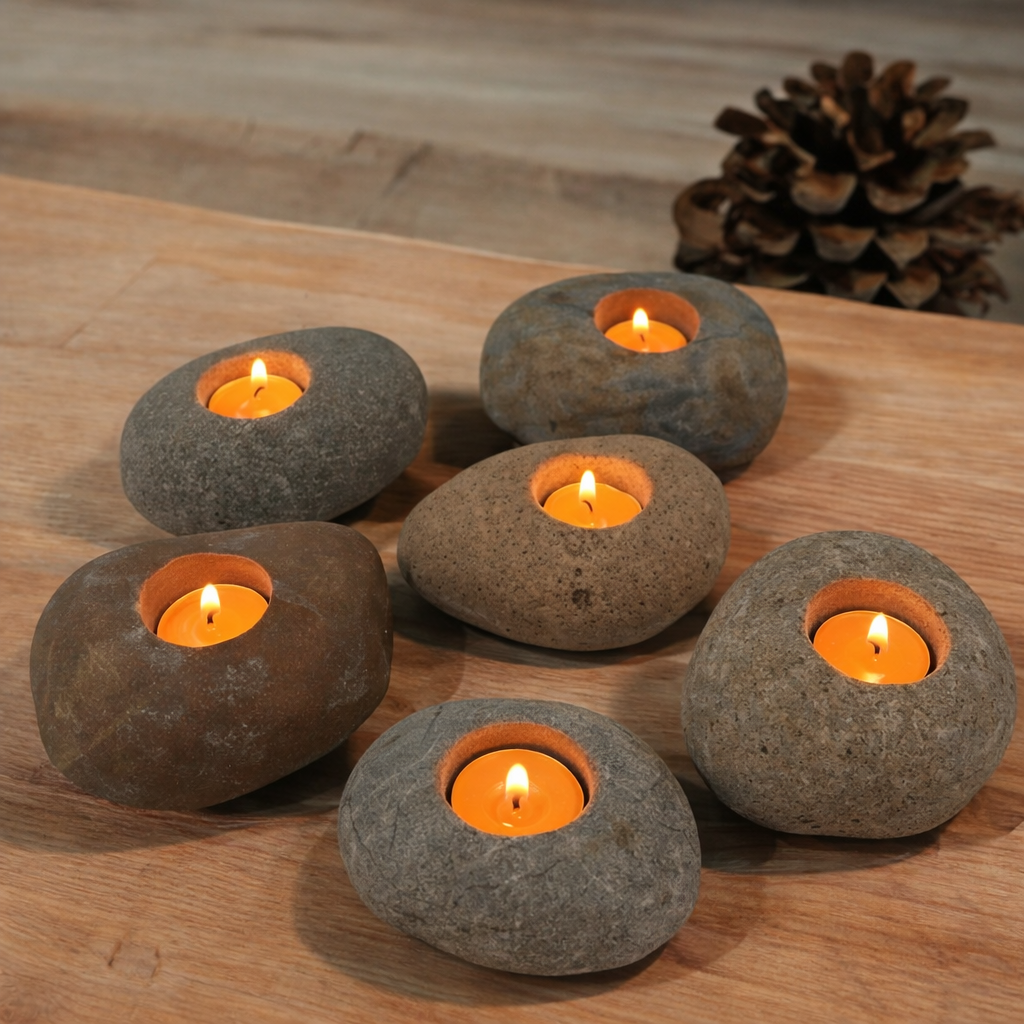 פמוטי אבן טבעית עם נרות דולקים על שולחן עץ באווירה חמה ויוקרתית