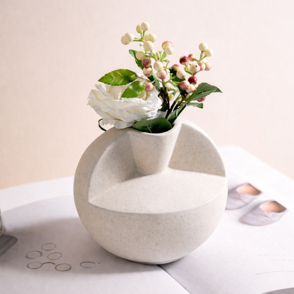 אגרטל קרמי מודרני על שולחן בסלון