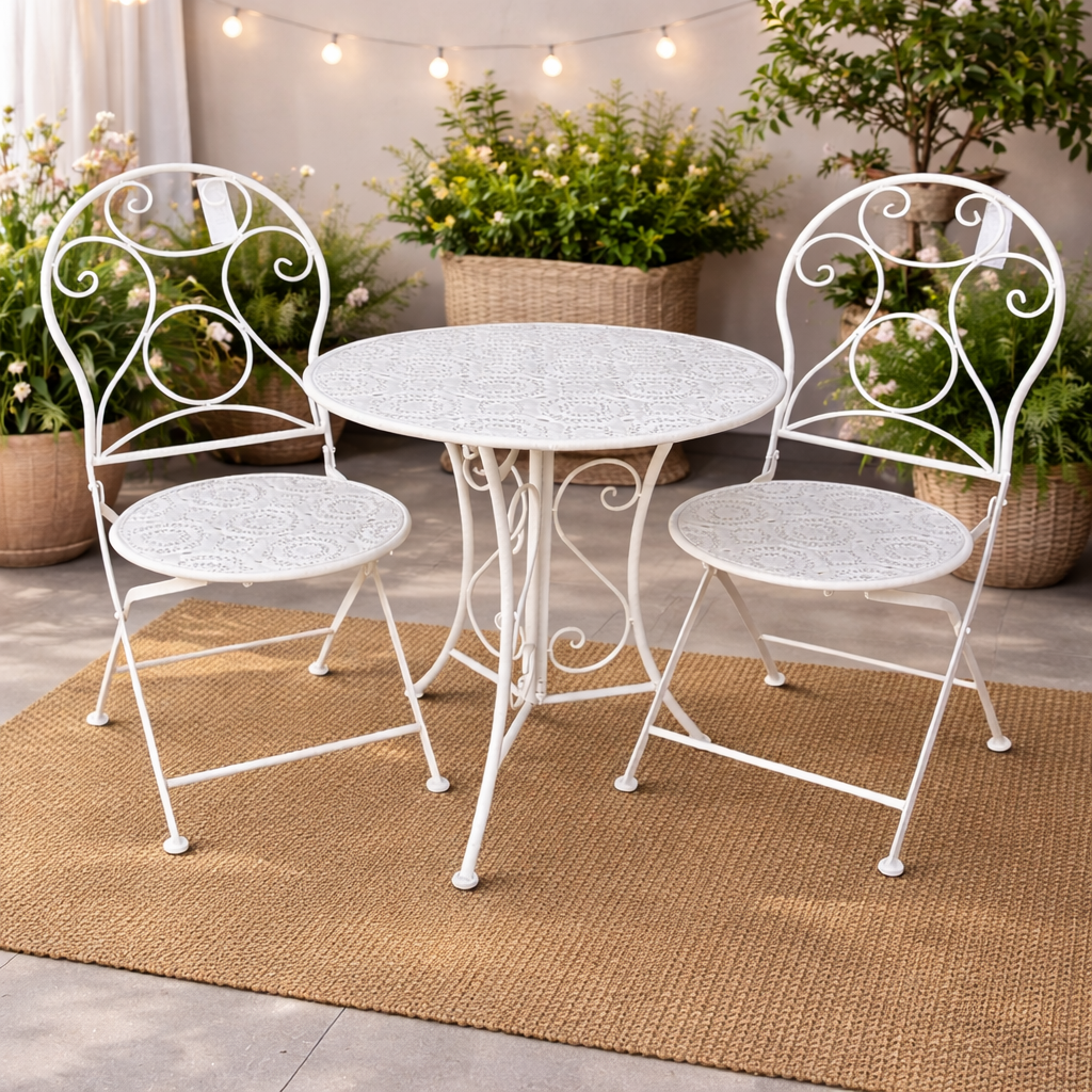 סט שולחן וכסאות ברזל בצבע שמנת