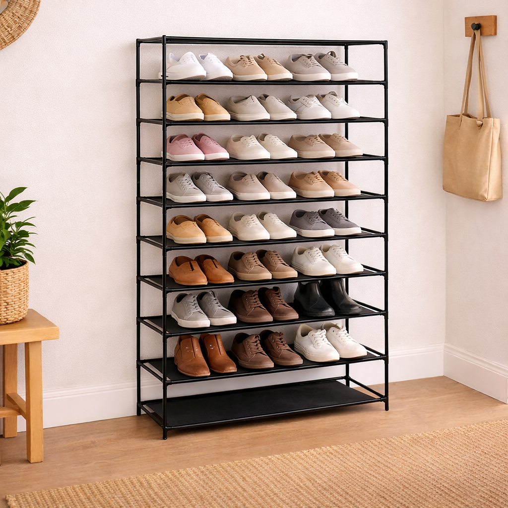 מתקן נעליים שחור 10 קומות עם זוגות נעליים מסודרים בכניסה לבית