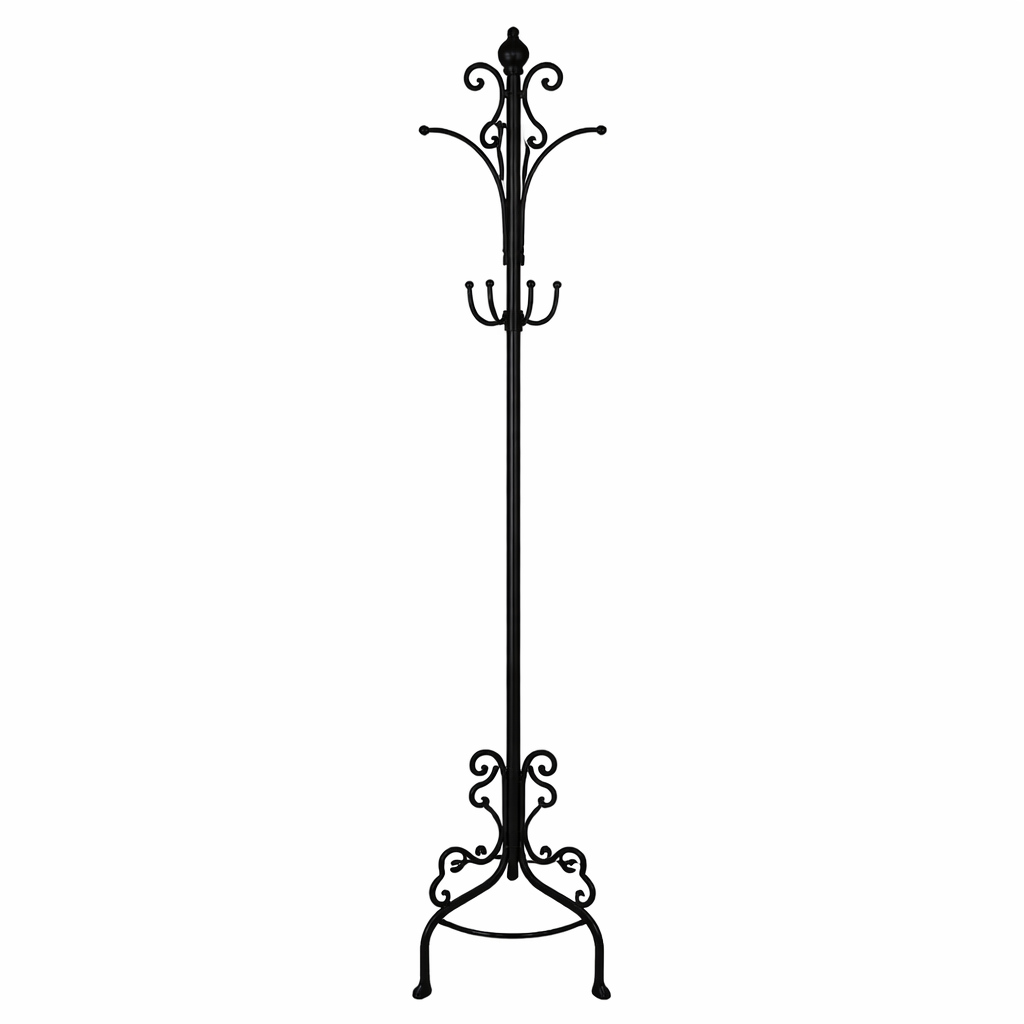 מתלה בגדים עומד מברזל שחור בעיצוב וינטג' עם ווים לתליית מעילים וכובעים