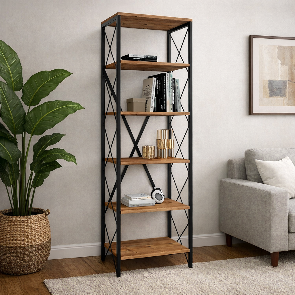 ספריה עם מדפי עץ