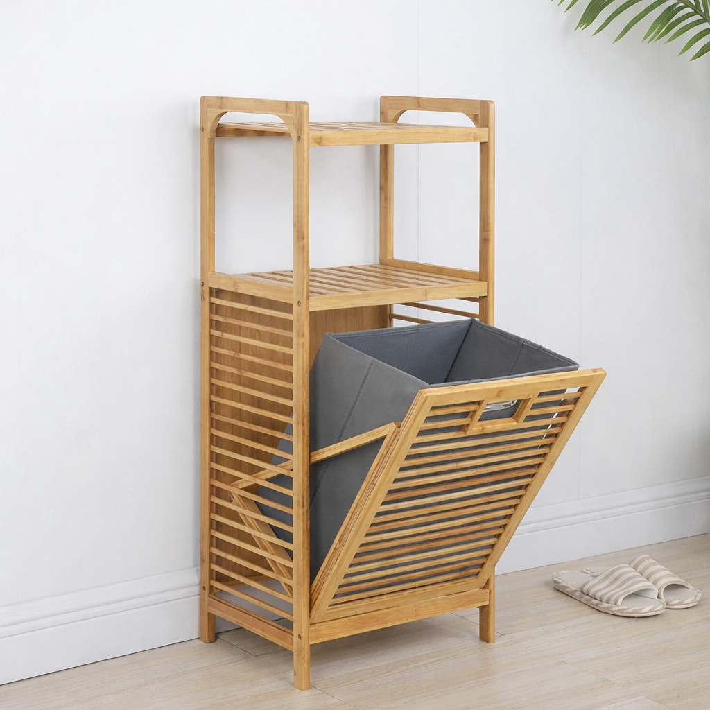 סל כביסה מבמבוק משולב מדפים