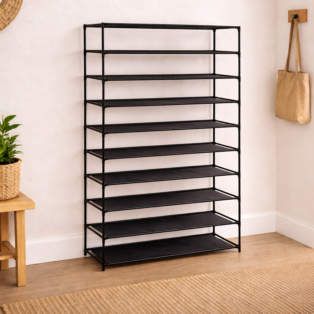 מתקן נעליים שחור 10 קומות עם זוגות נעליים מסודרים בכניסה לבית