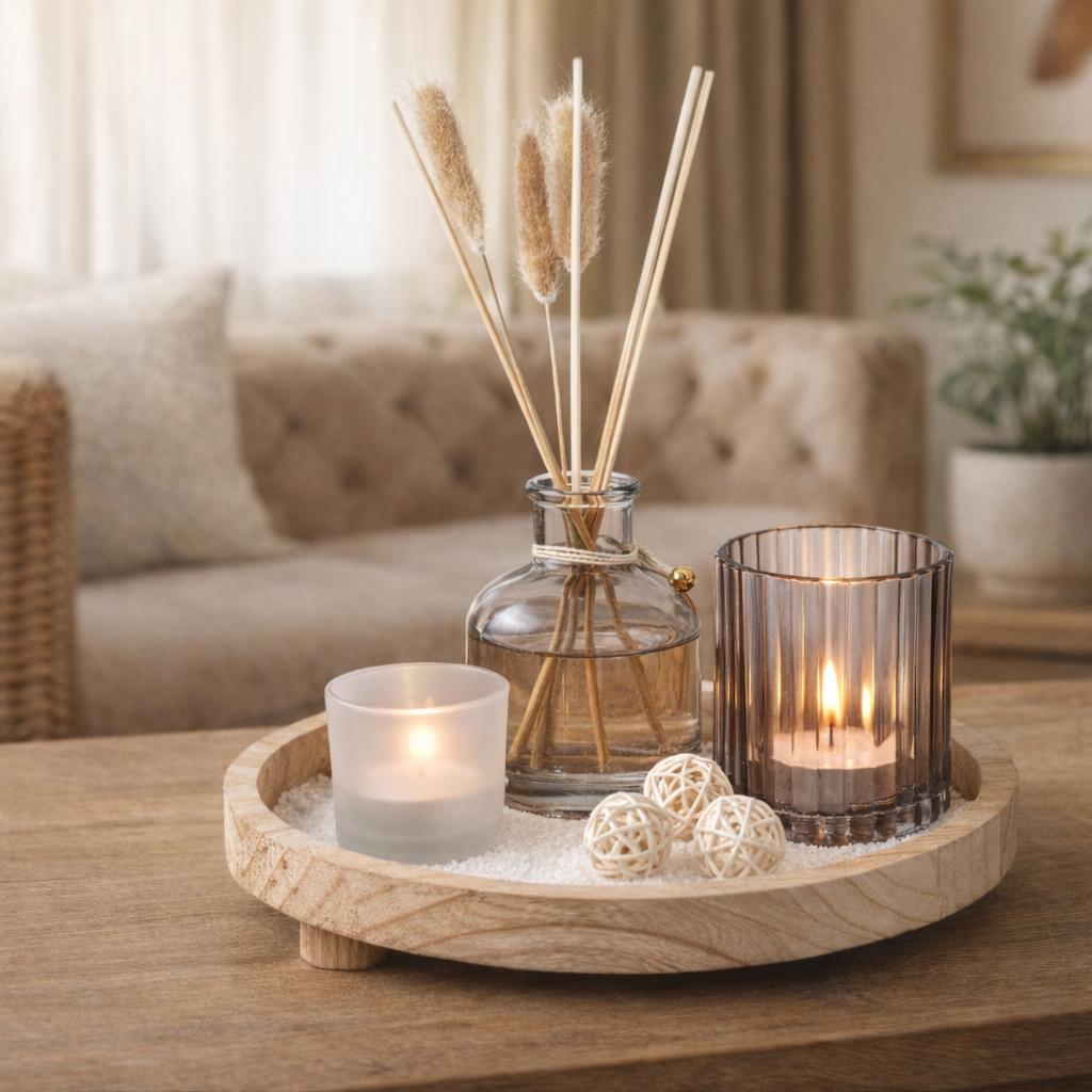 סט מפיץ ריח דקורטיבי עם נרות, מגש עץ ודיפיוזר לעיצוב הבית