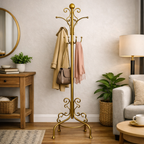 מתלה בגדים עומד מברזל בעיצוב וינטג' עם ווים לתליית מעילים וכובעים